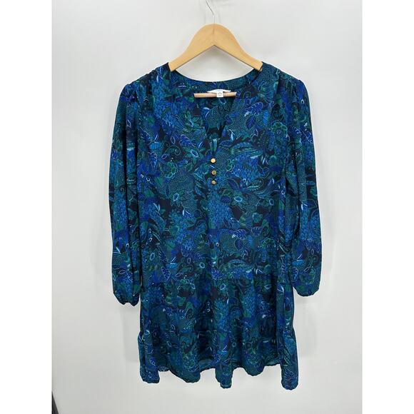 Time and Tru Knee Dress Women Medium Blue Green Paisley Boho Peasant Ruffle - Picture 1 of 7